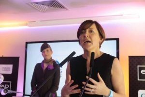 Etihad Area General Manager Northern EuropeBeatrice Cosgrove speaking at the Etihad event at the All Ireland hurling final between Tipperary and Kilkenny with Joanne Walsh in the background, September 4 2016