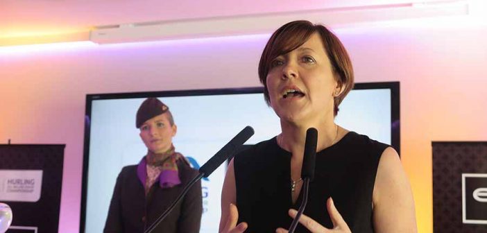 Etihad Area General Manager Northern EuropeBeatrice Cosgrove speaking at the Etihad event at the All Ireland hurling final between Tipperary and Kilkenny with Joanne Walsh in the background, September 4 2016