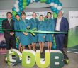 Aer Lingus Cabin Crew with Declan Kearney, Director of Communications, Aer Lingus (far left) and Paul O’Kane, Chief Communications Officer, DAA (far right) at the gate reception to celebrate Aer Lingus’ inaugural flight to Hartford Connecticut which took to the skies today from Dublin airport at 2.40pm