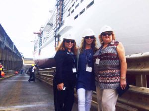 Rebecca Kelly of MSC Cruises, Celine Kenny of Cruisescapes and Carmel Aylward of King Travel at the MSC Meraviglia float out in St Nazaire, September 2 2016
