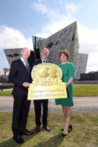 Titanic Belfast’s Vice-Chairman Conal Harvey and CEO Tim Husbands with Stormont First Minister Arlne Foster after Titanic was named as Europe’s Leading Visitor Attraction at the World Travel Awards held in Sardinia