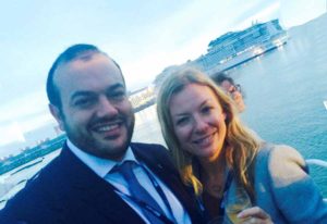 Antonio Paradiso of MSC and Celine Kenny of Cruisescapes at the MSC Mewraviglia float our in St Nazaire, September 2 2016