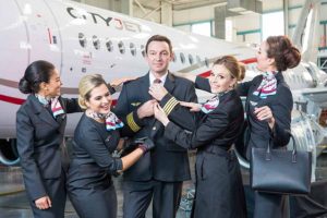 CityJet cabin crew Layle Bahjat; Patricia Ramos; Captain Frederique Brule; Lauren Fisk and Roisin Lally at the rollout of Cityjet's new uniform, created by Irish designer Aideen Bodkin, October 18 2016