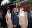 Enda Corneille country manager of Emirates with cabin crew Aoife Roche and Zoe Murphy