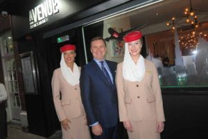 Enda Corneille country manager of Emirates with cabin crew Aoife Roche and Zoe Murphy