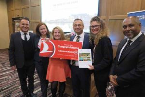Onur Gul and Julienne Marie Curran of Turkish Airlines, prize winner Julia Havelka of Trailfinders, Hasan Mutlu of Turkish Airlines, Ash Behari of Coca de Met and Lauren Mills of Savoy Resorts at the Turkish Airlines/Seychelles event in the Radisson Blu Dublin, October 3 2016