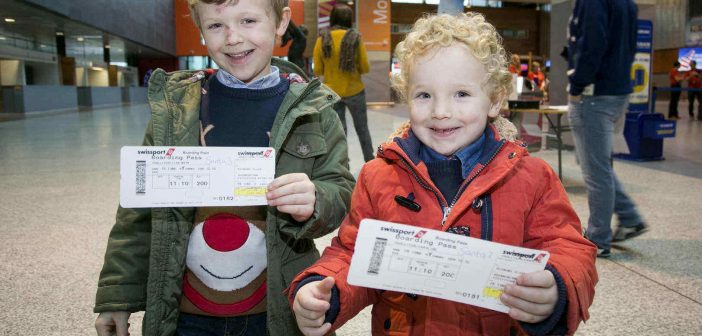 Cian O'Sullivan (5) and his brother Alex (3), from Kildysart, Co Clare, at the 2016 Santa Flights special at Shannon
