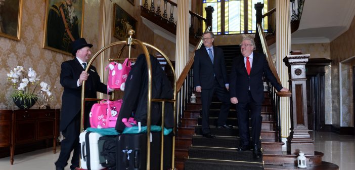 Joe Dolan, IHF President, and Tim Fenn, IHF CEO, with hotel porter Ray Murphy ahead of the Irish Hotels Federation’s 79th Annual Conference in The Lyrath Estate, Kilkenny. Photo: Don MacMonagle