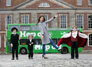 Jennifer Zamparelli (Maguire) officially unveils Dublin Bus Sightseeing Tours' new brand identity DoDublin. Jennifer was joined by a host of famous Dublin characters of the miniature kind, Charles Last (Aged 8, Wexford) as James Joyce, Andre Clopin (Aged 4, Wexford) as Arthur Guinness and John Pitt (Aged 9, Wexford) as Dracula.