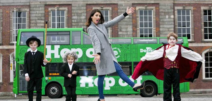 Jennifer Zamparelli (Maguire) officially unveils Dublin Bus Sightseeing Tours' new brand identity DoDublin. Jennifer was joined by a host of famous Dublin characters of the miniature kind, Charles Last (Aged 8, Wexford) as James Joyce, Andre Clopin (Aged 4, Wexford) as Arthur Guinness and John Pitt (Aged 9, Wexford) as Dracula.