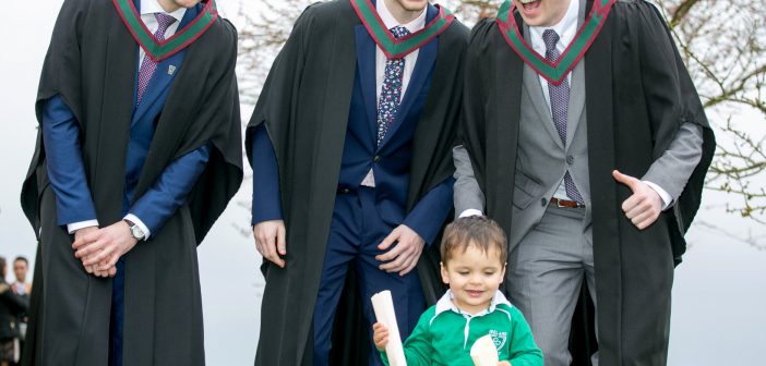 Cian Mahey (2). Cahersiveen Co. Kerry, steals the show and the Scrolls from Kerry graduates Sean Fitzgerald, Ballyferriter, Stephen O’Donoghue, Killarney, and Daragh Kennedy, Annascaul after their graduation in Shannon. Photo: Arthur Ellis.