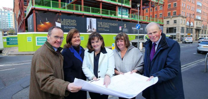 Directors of Hastings Hotels Howard Hastings, Managing Director, Allyson McKimm, Events Director, Aileen Martin, Sales Director, Julie Hastings, Marketing Director and Edward Carson, Vice-Chairman and Financial Director unveiled a new building wrap which will be changed a regular intervals helping to tell the story of the hotel as it is being built.