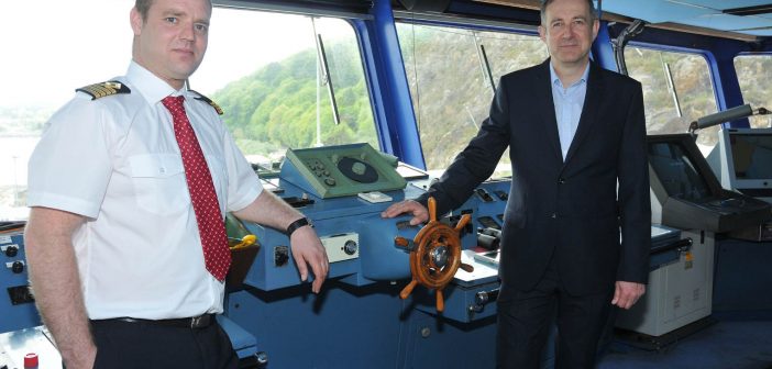 Master of the Stena Europe Richard Cleary and Ian Davies, Stena Line’s Trade Director, Irish Sea South, are pictured on the bridge of the Stena Europe