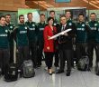 3 May 2017; Hasan Mutlu, General Manager of Turkish Airlines Dublin, with Edel Redmond, B2B Marketing Executive Dublin Airport, and members of the Ireland cricket squad prior to the squad's departure for the One Day Internationals at Bristol and Lord's at Dublin Airport in Dublin. Photo by David Maher/Sportsfile *** NO REPRODUCTION FEE ***