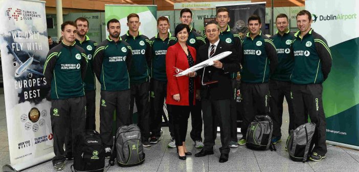 3 May 2017; Hasan Mutlu, General Manager of Turkish Airlines Dublin, with Edel Redmond, B2B Marketing Executive Dublin Airport, and members of the Ireland cricket squad prior to the squad's departure for the One Day Internationals at Bristol and Lord's at Dublin Airport in Dublin. Photo by David Maher/Sportsfile *** NO REPRODUCTION FEE ***