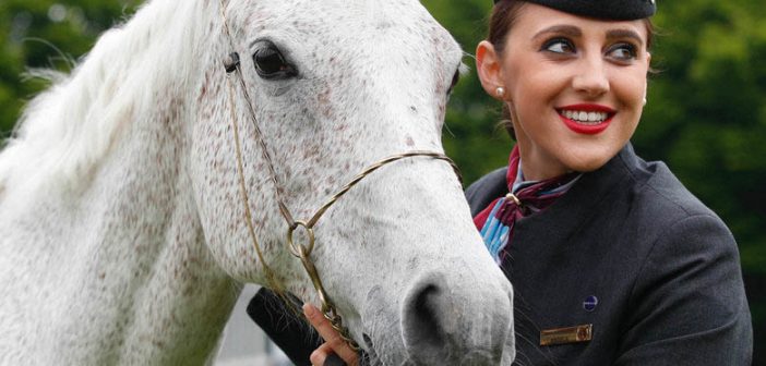Spice, the Arab horse, and cabin crew member team up to announce Qatar Airways as the Official Airline Partner of the 2017 RDS Dublin Horse Show Photo Andres Poveda.