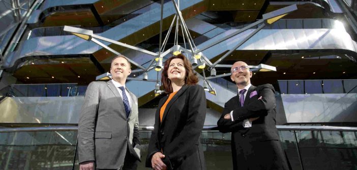 Sam Johnston, Manager of Failte Ireland Dublin Convention Bureau; Ciara Gallagher, Failte Ireland’s Head of Business Tourism; and Stephen Meehan , CEO Convention Centre Dublin. Photo Chris Bellew /Fennells