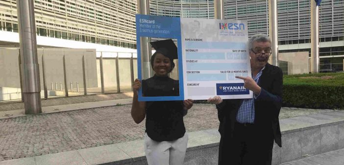 President of Erasmus Student Network Safi Sabuni with Ryanair CEO Michael O’Leary in Brussels, as Ryanair became the exclusive partner of the EU Erasmus Student Network