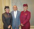Qatar Airways CEO Akbar Al Baker, with cabin crew Bernadet Nagy and Maja Olovcic