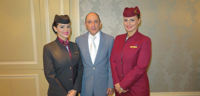 Qatar Airways CEO Akbar Al Baker, with cabin crew Bernadet Nagy and Maja Olovcic