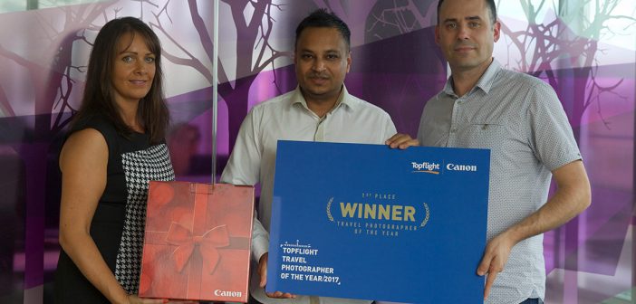 Audrey Frost, Sales & Marketing Manager, Canon Ireland; Rue Ahmed, The Topflight Travel Photographer of the Year and Anthony Collins, CEO, Topflight Travel Group.