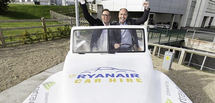 Mike McGrearty, Cartrawler, and Ryanair's Kenny Jacobs as the airline announced it's renewing its car hire partnership. Photo: Karl Hussey