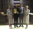 HRH Princess Sibella of Luxembourg, who presented the EMA 20117 Micheletti Award to Mark Leslie (Martello Media)for 'GPO Witness History', with Mark, Rene Capovin of the Micheletti Foundation and Ann Nicholls of the European Museum Academy in Skopje.