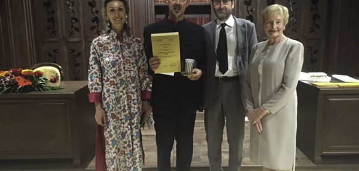 HRH Princess Sibella of Luxembourg, who presented the EMA 20117 Micheletti Award to Mark Leslie (Martello Media)for 'GPO Witness History', with Mark, Rene Capovin of the Micheletti Foundation and Ann Nicholls of the European Museum Academy in Skopje.