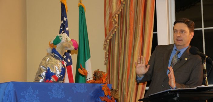 Acting US Ambassador Reece Smyth pardons Dustin the Turkey at a Thanksgiving Reception at the US Ambassador’s Residence in Dublin on November 21