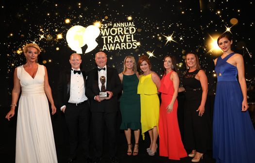 Gerard Loughran, John Loughran and Ciara Kelly of the Sandymount Hotel with wives Audrey Loughran and Emily Loughran, and the hotel's Ann McCabe, at the World Travel Awards in Athens, June 30, 2018