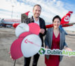 Laudamotion Managing Director Andreas Gruber and Dublin Airport Head of Marketing Louise Bannon celebrating the airline's inaugural flight between Dublin and Vienna.