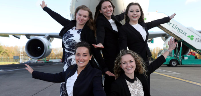 Aer Lingus today welcomed 18 new future pilots on their induction day into the Aer Lingus Future Pilot Programme at Dublin Airport. Competition was extremely high for the limited number of positions, with 7,800 people applying. The highly motivated candidates will now undergo pilot training in Jerez, Spain for the next 13 months, before returning to Dublin and applying their new skills to Aer Lingus A320 Airbus aircraft. The Aer Lingus Future Pilot Programme is anticipated to continue in the coming years, as the airline grows and adds new routes. The future pilots are promised a rewarding career flying modern Airbus A320/1 and Airbus A330 to more than 100 destinations across the UK, Europe and North America. Pictured are future pilots Antonia McNair from Letterkenny, Co. Donegal, Jennifer Ryan from CHurchtown, Co. Dublin, Julie Stanzl from London. England. Ava Cregan, Ballincollig, Co. Cork and Shauna McCarthy from Lucan, Co. Dublin. Picture Jason Clarke