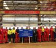 Staff from Stena RoRo and the Avic Weihai Shipyard in China are pictured at the steel cutting ceremony for the third of three new E-Flexer ships to be deployed on Stena Line’s Irish Sea routes during 2020 and 2021.