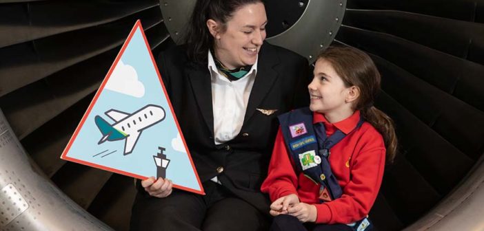 First Officer Rachel Passmore; and Alicia Losty (8) (Ladybird) at the announcement that Aer Lingus has partnered with the Irish Girl Guides . Photo: Naoise Culhane