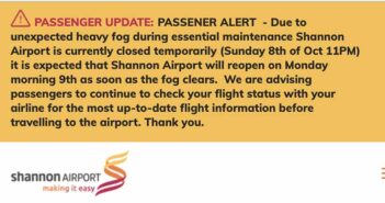 Shannon airport reopens after unexpected fog closure