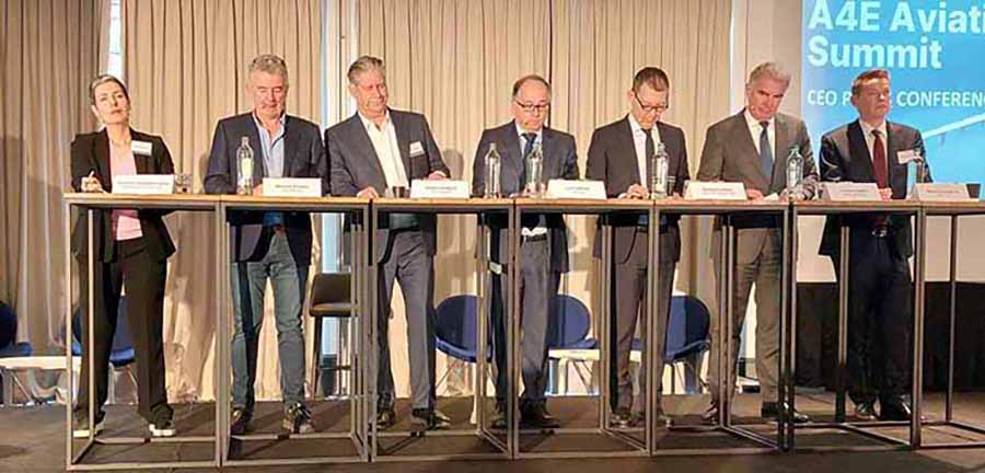 Rania Georgoutsakou of A4E; Michael O’Leary of Ryanair; Johan Lundgren of easyJet; Luis Gallego of IAG; Benjamin Smith of Air France-KLM; Carsten Spohr, of Lufthansa; Marco Compertik of TUI