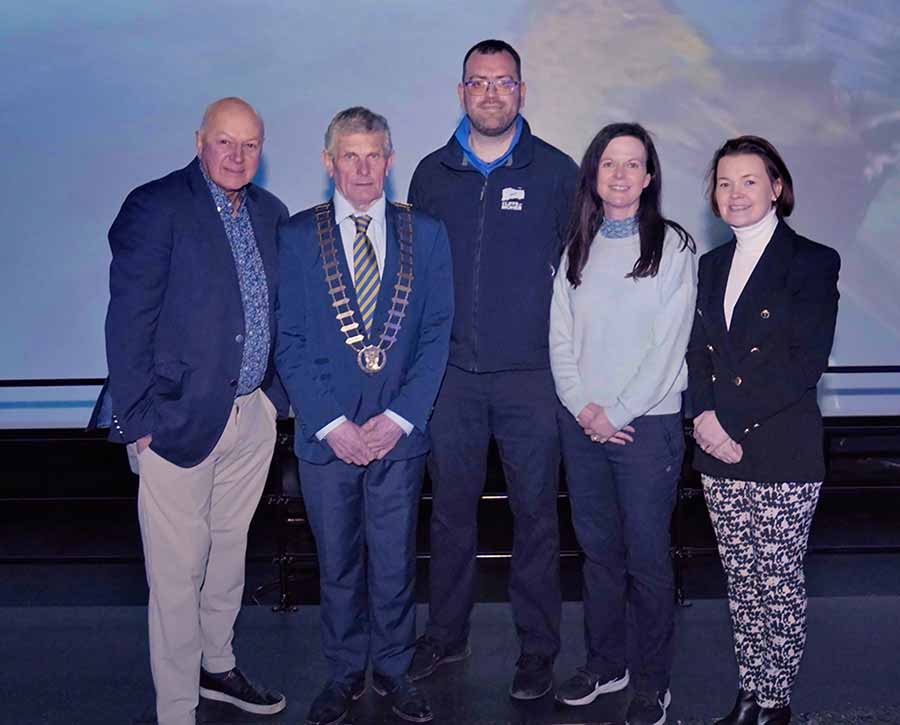 Bobby Kerr, Chair of the Board of Cliffs of Moher Centre DAC; Cllr. Joe Cooney, Cathaoirleach of Clare County Council; and Mark Shaughnessy, Melanie Lennon and Geraldine Enright of the Cliffs of Moher Experience.