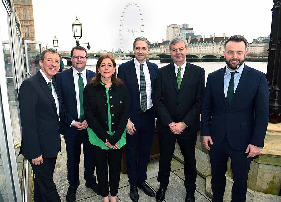 Shane Clarke, Tourism Ireland; Conor McGinn MP; Julie Wakley, Tourism Ireland; Simon Harris TD, Minister for Further & Higher Education, Research, Innovation & Science; HE Martin Fraser, Ambassador of Ireland to the United Kingdom; and Colum Eastwood MP, at a St Patrick’s reception in the House of Commons in London co-sponsored by Tourism Ireland.