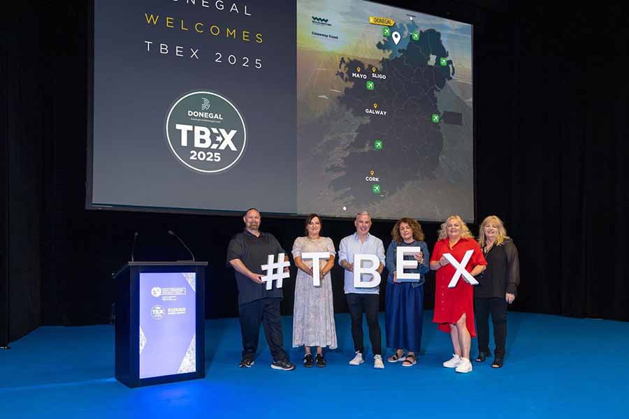 Rick Calvert, CEO TBEX, Sarah Nolan, Acting Head of Tourism, Shane Smyth, Tourism Officer, Anne Marie Conlon, Head of Economic Development, Mary Daly, Tourism Development Officer and Patti Hosking, VP of Business Development TBEX at the announcement of TBEX coming to Donegal in September 2025.