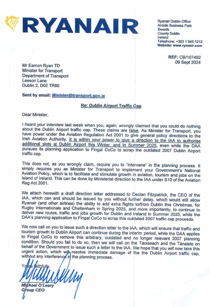 Michael O'Leary letter to Eamon Ryan Sept 11 2024