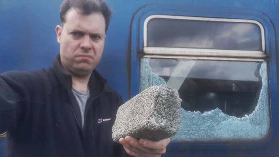 Robert Gardner, chair of the Downpatrick and County Down Railway museum , shows the damage