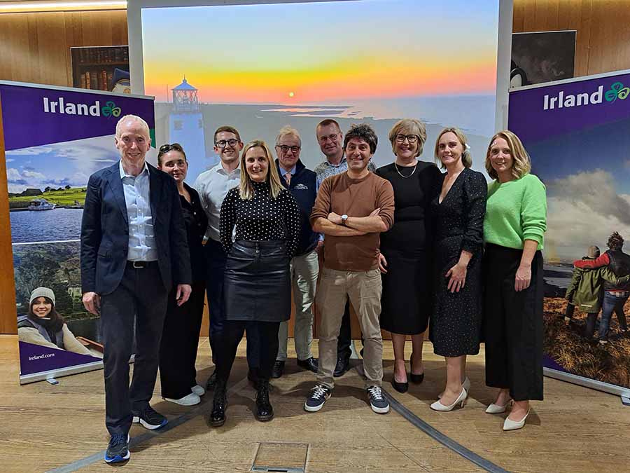 Aubrey Irwin, Tourism Ireland; Barbara Smyth, Silverline Cruisers; Tiernan McGee, Titanic Belfast; Heather Nicholl, Ella Mor Outdoor Adventures; David Wardell, Irish National Stud & Gardens; Sean Rice, Tailor-Made Tours; Simon Bopp, Tourism Ireland; Fiona Delahunty, Griffin Group; Adrienne O'Flynn, Shannon Heritage; and Aislinn O'Driscoll, Fáilte Ireland, at Tourism Ireland’s B2B workshop in Linz, Austria.