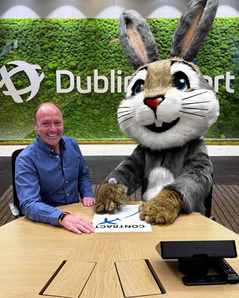 Kenny Jacobs and Dubby the hare, Dublin airport's mascot