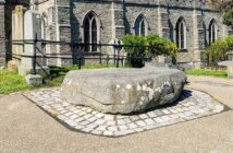 Saint Patrick's grave in Downpatrick, where local landowner Hugh de Lacy miraculously discovered the body and ham him reinterred alongside saints Brigid and Colmcille in 1185, shortly after he had seized the kingdom from the Irish