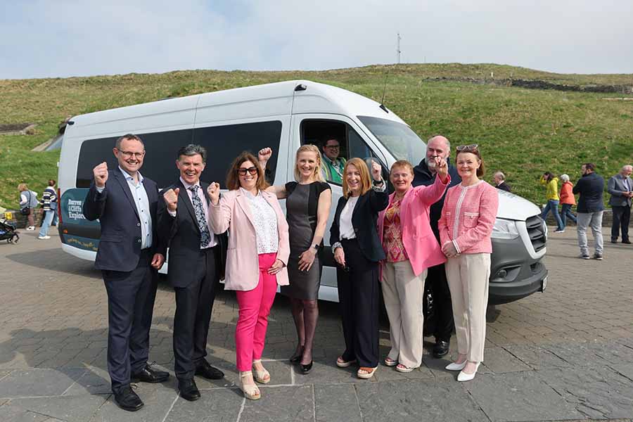 Pictured at the launch of the Burren and Cliffs Explorer at the Cliffs of Moher Experience (left to right) Cllr Shane Talty (Chair, Tourism Development SPC); Malachy Corcoran (National Parks and Wildlife Service); Siobhan McNulty (Director of Tourism Development, Clare County Council); Cllr. Rita McInerney (Cathaoirleach, West Clare MD); Siobhan King (Fáilte Ireland); Carmel Kirby (Interim CEO, Clare County Council); William Cormacan (NPWS); and Geraldine O’Rourke (General Manager, Clare Tourism West).