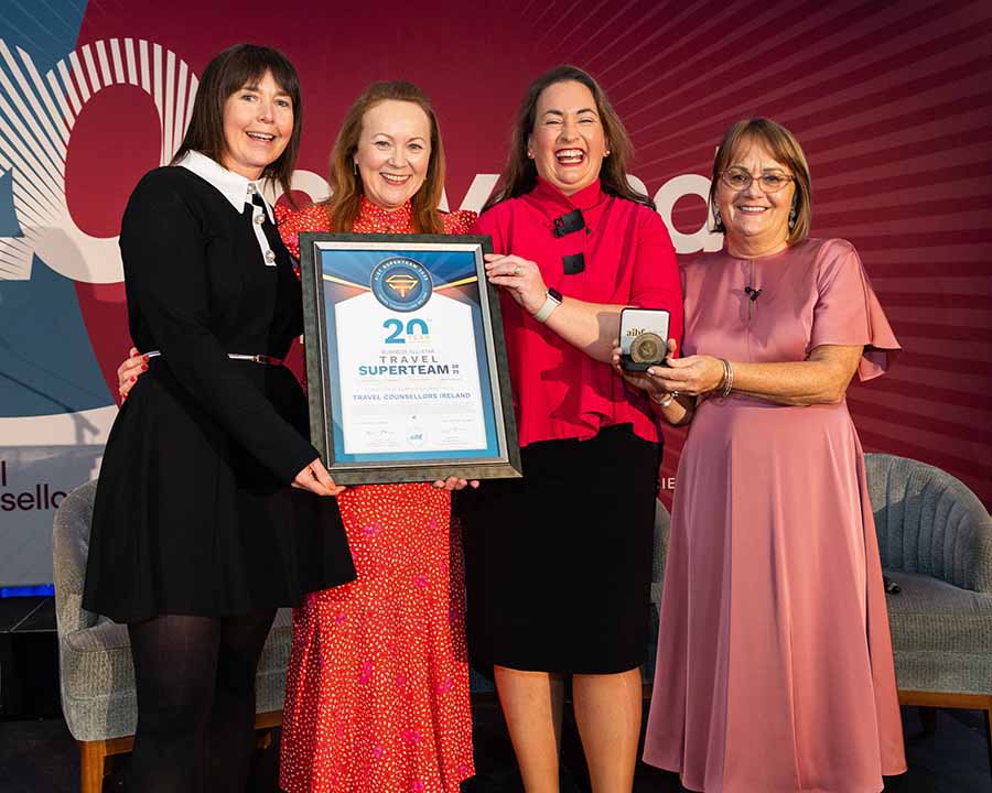 Ciara MacConnell, Bernie Whelan, Elaine Carroll; and Cathy Burke as Travel Counsellors Ireland is honoured by the All-Ireland Business Foundation.