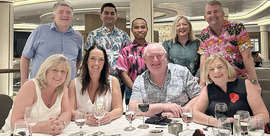 Irish travel trade in the dining room on the pre launch taster cruise aboard Star of the Seas, Eoghan Corry, waiters Eka Deden from Rajastan and Ferdiyan Tarsi from Lombok, Orla Conlan, John Barrett of Magic Vacations, Front row: Carol Anne O'Neill of Worldchoice Ireland, Caroline O'Toole of JWT, David O'Grady of WTC, Polly Bond of Tour America,
