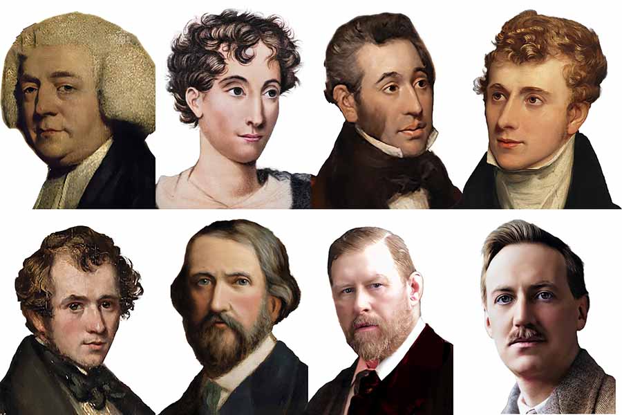 Clockwise: Leland, Maturin, John and Michael Banim, Plunkett, Stoker, Sheridan Le Fanu and Griffin.