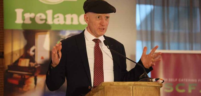 Minister Michael Healy Rae speaking at the Irish Self Catering Federation annual conference in Spanish Point county Clare