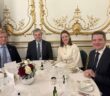 Christopher Brooke, chair of Tourism ireland, ambassador Martin Fraser, Alice Mansergh of Tourism ireland and Minister Peter Burke at a function in the Irish embassy in London to mark World Travel Market 2025